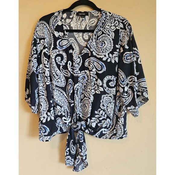 Kane Tops - Karen Kane viscose Blue paisley Tie Front Button Front Blouse Top Women's M
